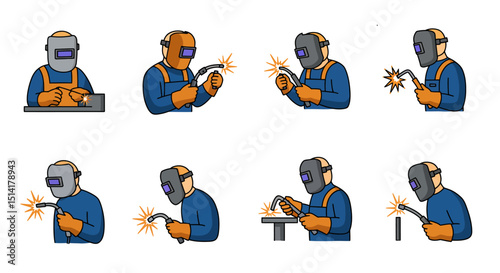Cartoon Welders in Various Poses with Welding Equipment and Sparks