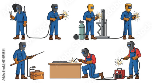 Cartoon Welders in Various Poses with Equipment and Protective Gear