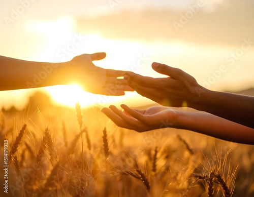 Two hands reaching out in a golden wheat field at sunset