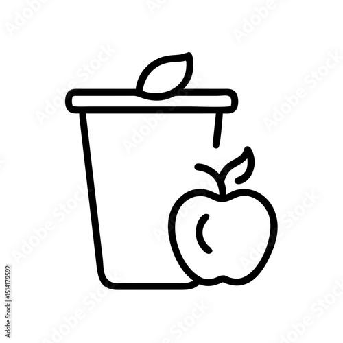 Outline drawing of apple next to cup with a leaf on top  