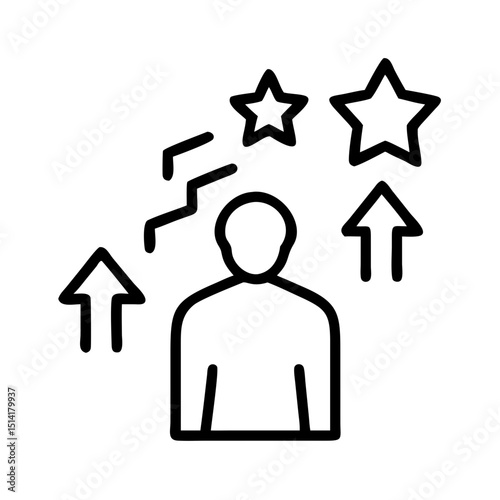 Person standing with upward arrows and stars representing self-improvement  