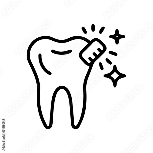Tooth being brushed with sparkling effects in black line art  