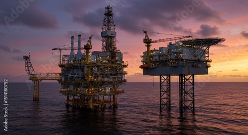 Dramatic Offshore Oil Platform at Sunset Under Colorful Sky Background