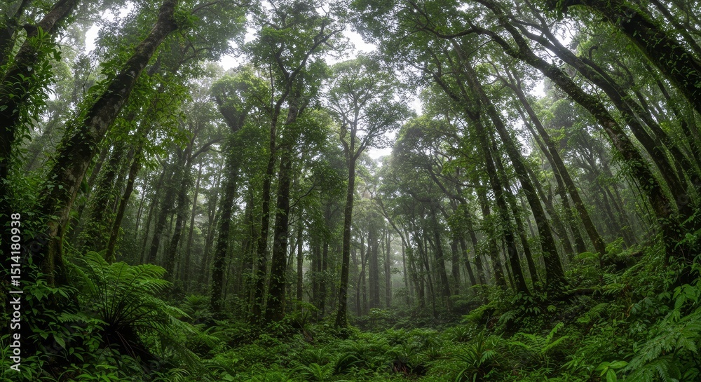 Obraz premium Lush Green Forest View Dense Tropical Woods Fisheye Perspective Scenery