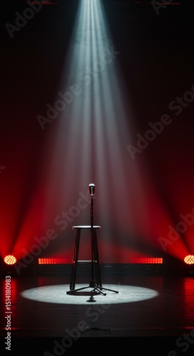 Dramatic Stage with Microphone Spotlight and Empty Stool in Red