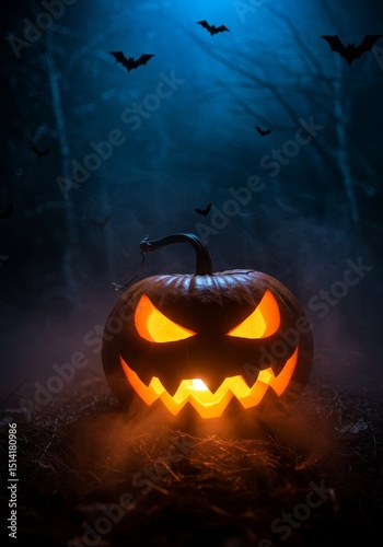 Dramatic Spooky Jack O Lantern Bats Forest Scene Halloween Night