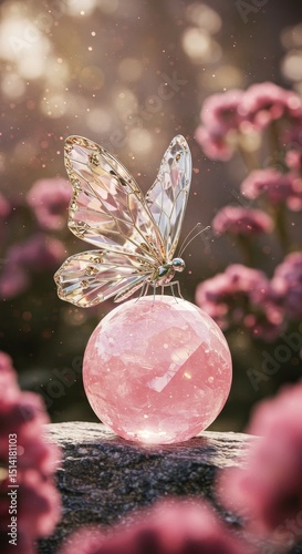 Dreamy 3D Render Pink Orb with Butterfly Flowers and Glitter Bokeh