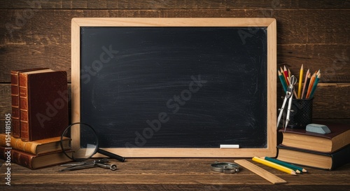 Education Photo Blackboard Books Magnifying Glass Rustic Wood