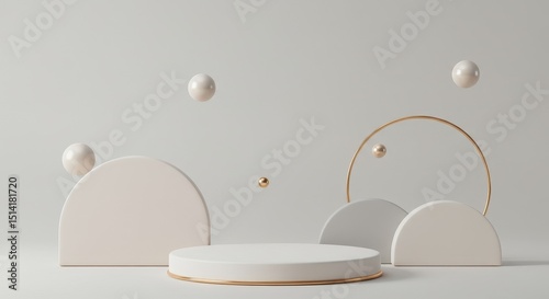 Elegant 3D Podium Presentation with Golden Rings and Spheres Illustration