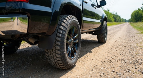 Off Road Truck Tire on Gravel Road Rural Landscape Photo