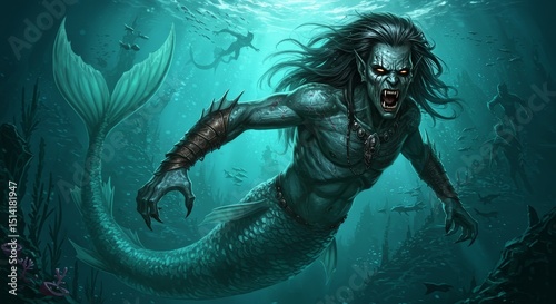 Illustration of Malevolent Merman Monster in Murky Underwater Fantasy World