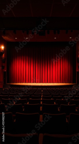 Empty Theatre Stage with Red Curtain Seats Performance and Spotlight