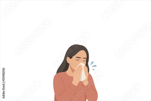 A woman sneezing in handkerchief. Sick young woman suffers from a runny nose. Vector illustration.