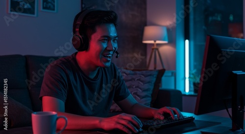 Excited Man Plays Video Game With Headphones in Neon Light Photo