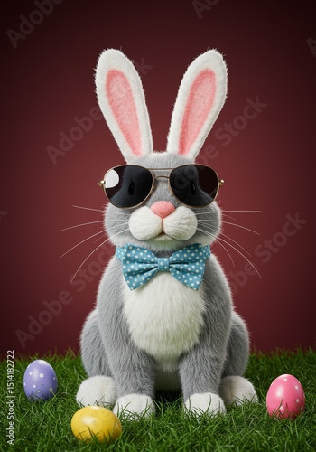 Festive 3D Easter Bunny with Sunglasses Bow Tie and Colorful Eggs