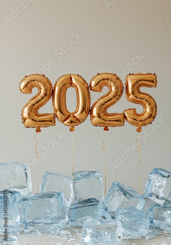 Festive 2025 Balloons Amidst Sparkling Ice Cubes New Year Celebration