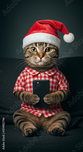 Festive Christmas Cat In Santa Hat Holding Cellphone On Dark Couch