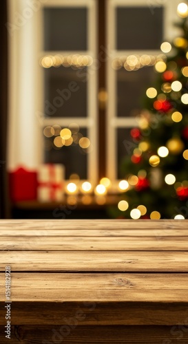 Festive Christmas Tree Bokeh From Wooden Table Holiday Background