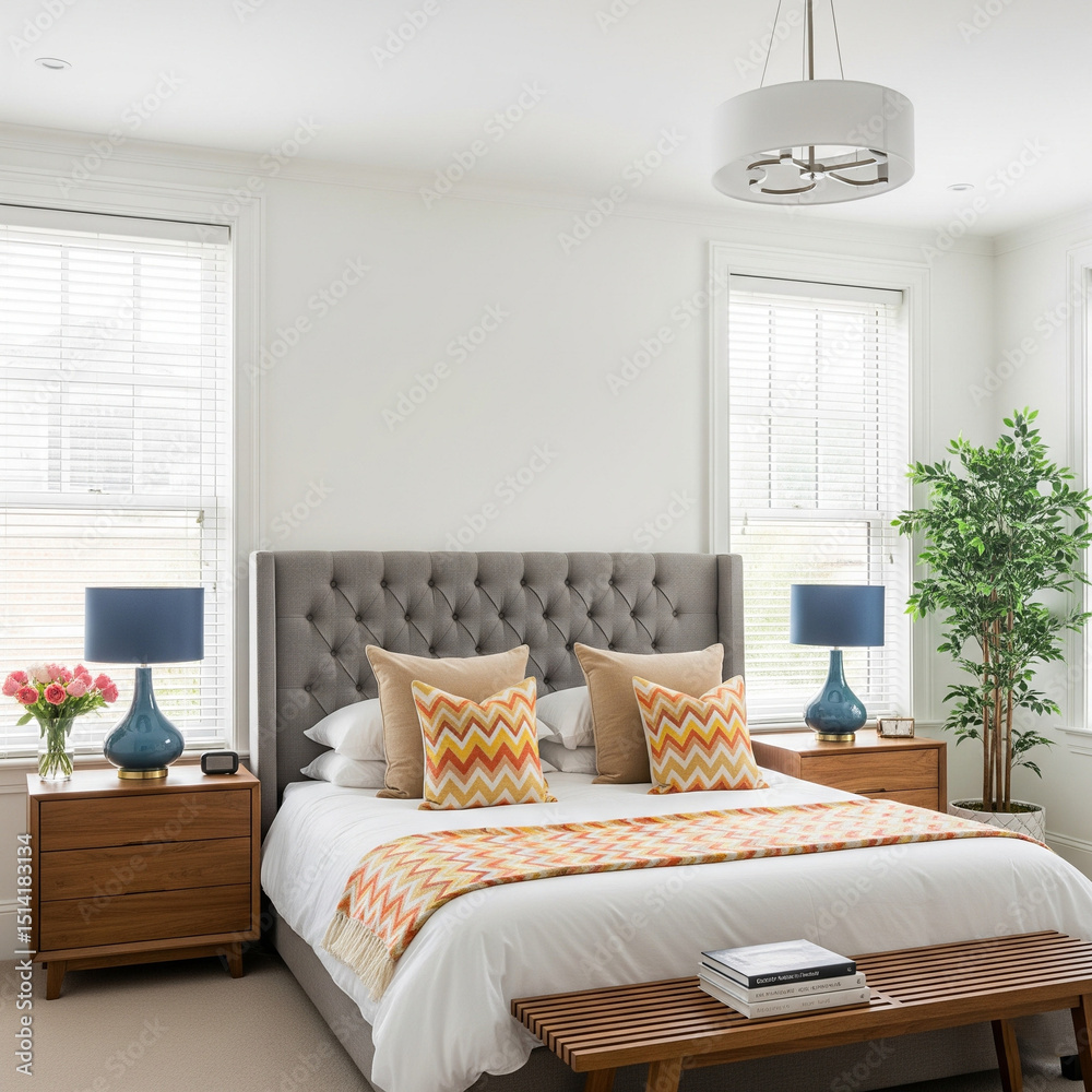 Fototapeta premium Bright, clean bedroom. Grey tufted headboard, wood nightstands, blue lamps, & windows with blinds. Accents include patterned pillows, throw, & potted plant.