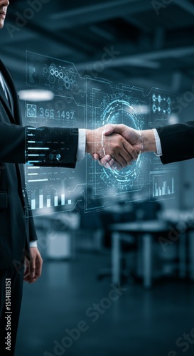 Photo Close Up Handshake Agreement with Digital Graph in Office