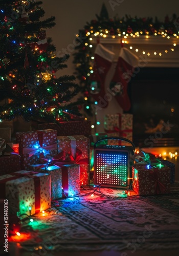Festive Photo Christmas Presents Under Tree Fireplace Warmth
