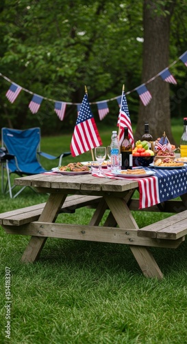 Festive Picnic Setup with American Flags and Patriotic Decorations