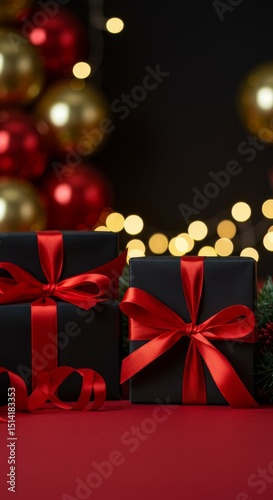 Festive Still Life Gift Box with Red Ribbon and Golden Bokeh
