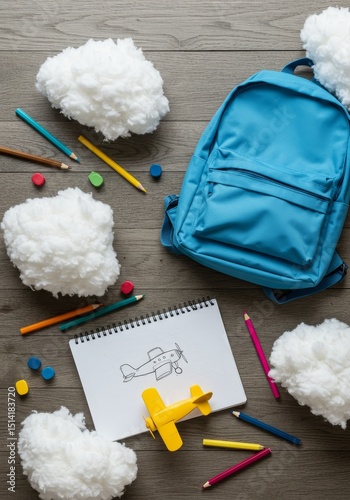 Flatlay Photo Education Accessories Blue Backpack Clouds Top View Desk