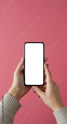 Photo Hands Holding Mobile Phone with Blank White Screen on Pink