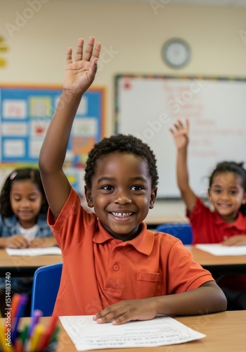 Photo Happy Black Boy Raise Hand With Kids in Classroom