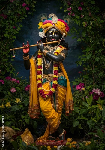 Photo Hindu God Krishna Playing Flute with Colorful Traditional Attire