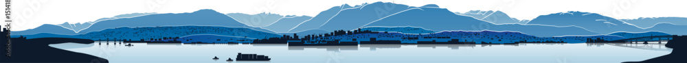 Fototapeta premium Vancouver and North Shore Mountains panorama. Illustration of waterfront city with ocean and mountains. Drawing of Vancouver, Lions Gate and Second Narrows Bridge, and North and West Vancouver.