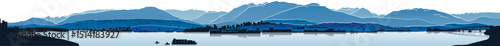 Vancouver and North Shore Mountains panorama. Illustration of waterfront city with ocean and mountains. Drawing of Vancouver, Lions Gate and Second Narrows Bridge, and North and West Vancouver.