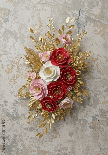 Floral Arrangement Photo Featuring Golden Glitter Red White Pink Flowers