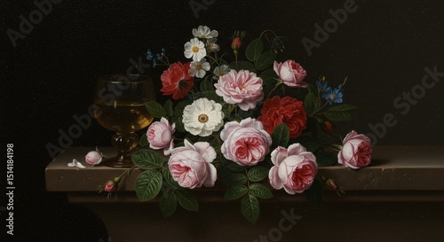 Floral Still Life With Roses Wine Glass On Table Festive Celebration
