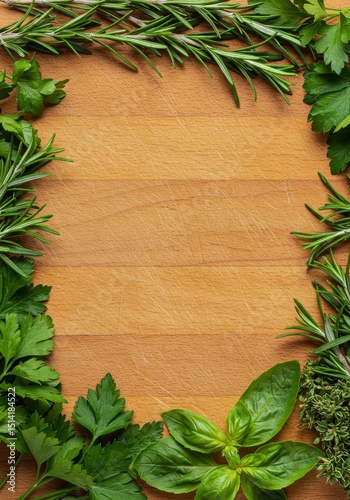 Fresh Green Herbs Frame Rosemary Basil and Parsley on Wood Background
