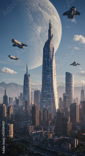 Futuristic Cityscape with Skyscrapers Moon and Aircrafts Digital Art