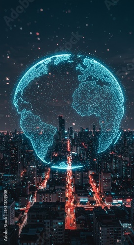 Futuristic Digital Globe Over City at Night With Urban Lights