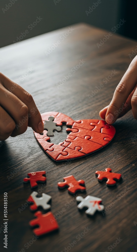 Obraz premium Photo of Heart Puzzle with Missing Piece Hands on Wooden Table