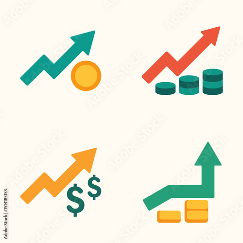 Collection of growth chart illustrations with increasing arrow lines and money elements in flat design