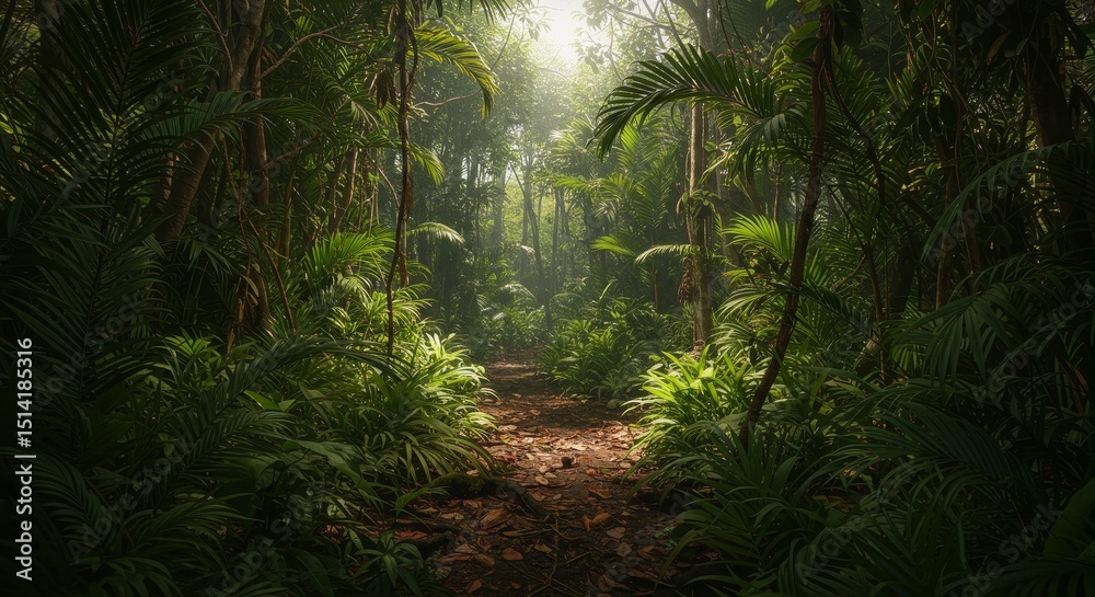 Fototapeta premium Lush Forest Trail with Sunlight Shining Through Green Trees Photo