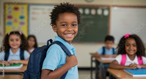 Photo Smiling Schoolboy in Class with Backpack and Happy Students