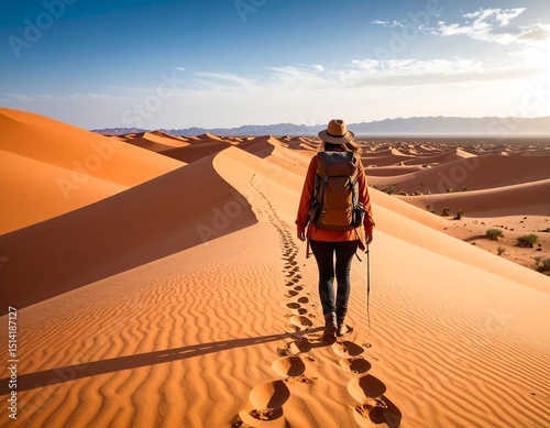 Woman hiking in desert dunes