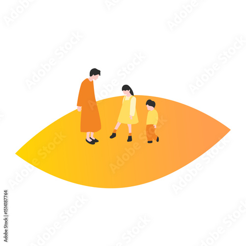落ち葉の上で遊ぶ親子のイラスト