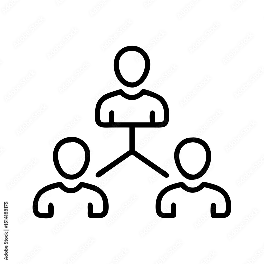 Three people connected by a central figure in a simple line illustration Three people connected by a central figure in a simple line illustration