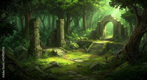Pixel Art Ruins in Forest Nature Landscape Trees Green and Moss
