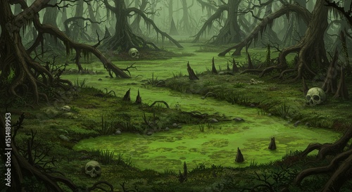 Pixel Art Swamp Forest Skulls Green Spooky Environment Landscape