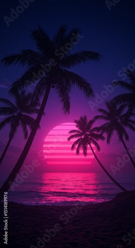 Pixel Art Sunset with Tropical Palm Trees on Beach in Retro Style