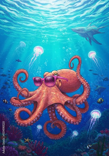 Pixel Art Underwater Octopus With Jellyfish Shark Coral Reef Illustration