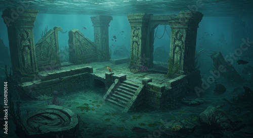 Pixel Art Underwater Ruins of Ancient Civilization Deep Ocean